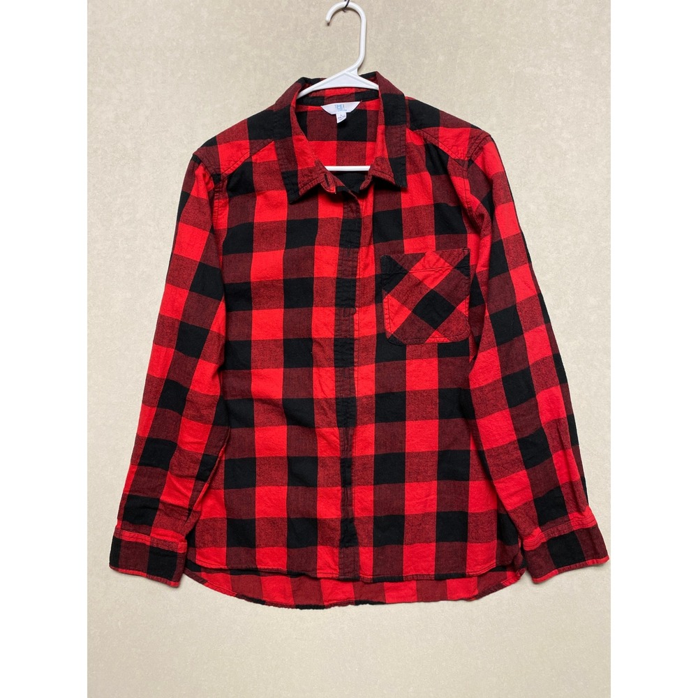 Time and Tru Kids Red Black Buffalo Plaid Flannel Button Down Shirt Size L 12-14